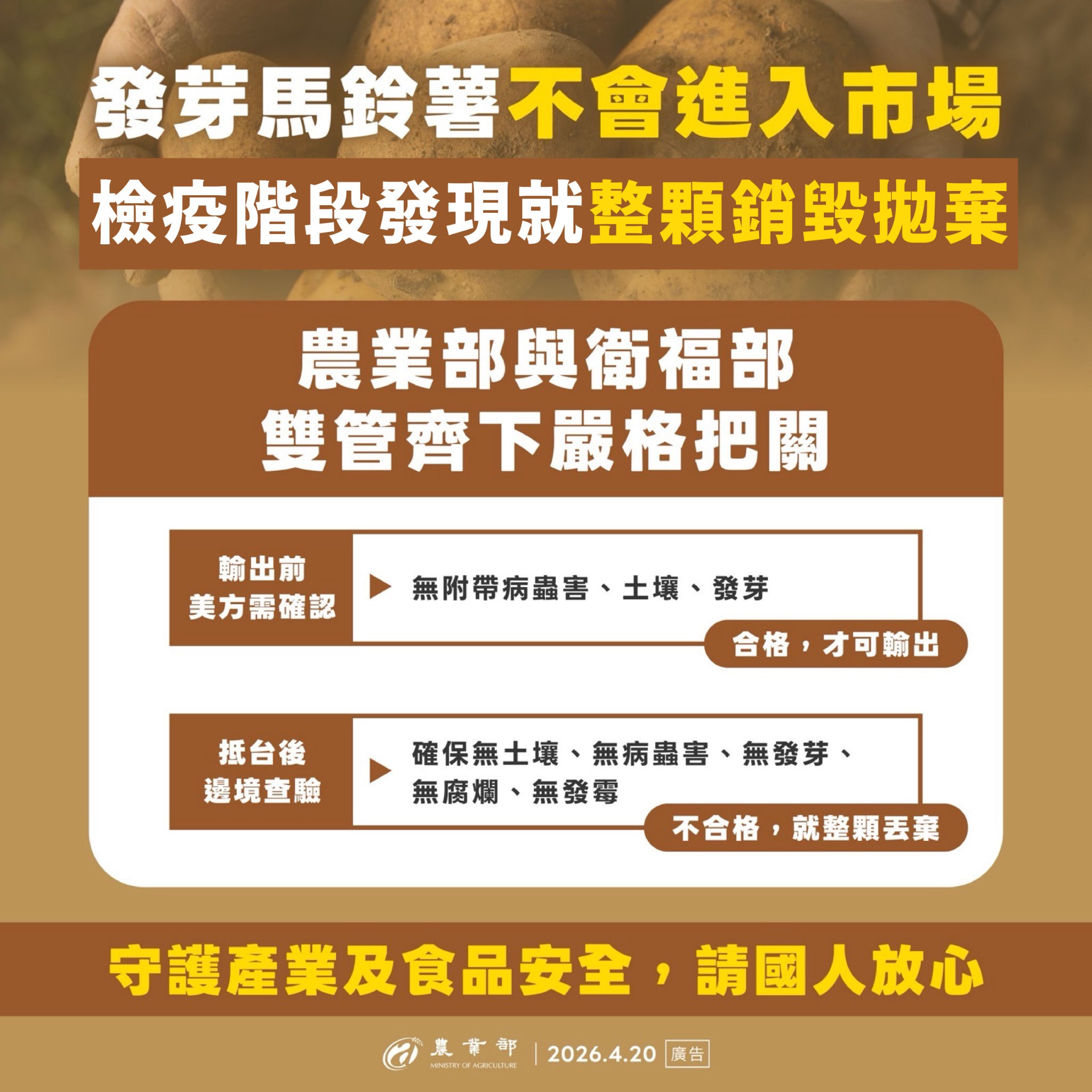 進口馬鈴薯農業部、衛生福利部雙重把關 守護食品安全